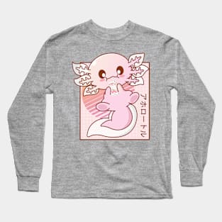 Kawaii Axolotl Strawberry Milk Shake Carton Japanese Anime Long Sleeve T-Shirt